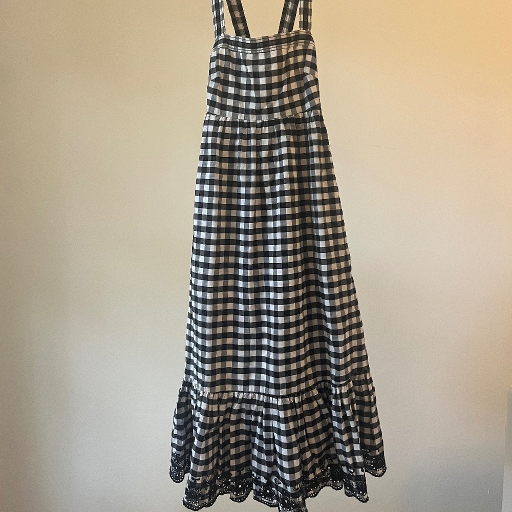 J. Crew Black and White Gingham Midi Dress with Eyelet Hem
